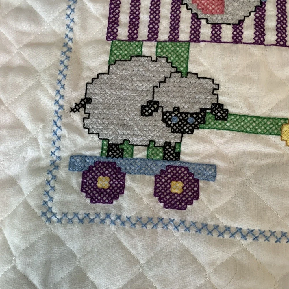Handmade Cross Stitch Baby Crib Quilt Bunny, Bear, Chicken And Lamb